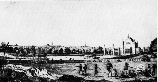 Sydney from the west, about 1828. The Gothic-style toll gates were erected
  by Governor Macquarie